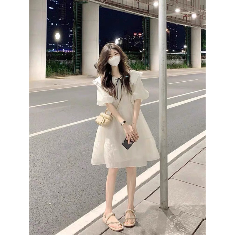 Đầm trắng xoè 2 lớp, Váy tơ cổ sen nơ tay phồng xoè tiểu thư xinh xinh