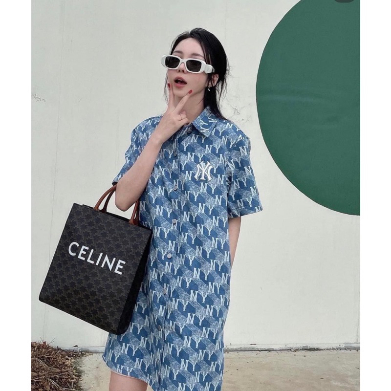 Đầm Váy mlb Women's Cube Monogram Print Denim Dress New York Yankees 3Fddm0133