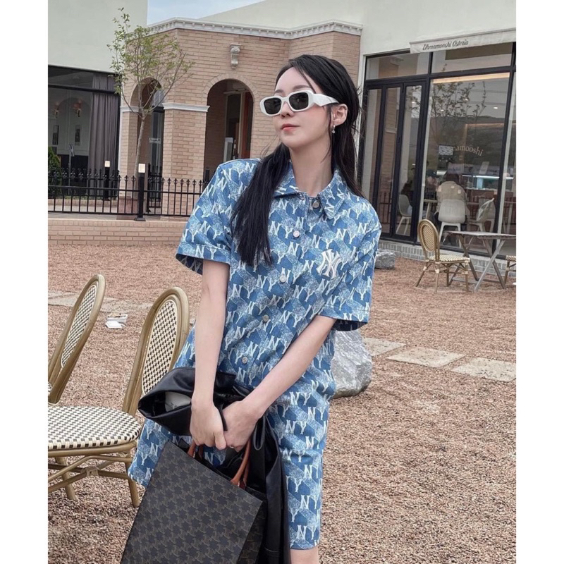 Đầm Váy mlb Women's Cube Monogram Print Denim Dress New York Yankees 3Fddm0133