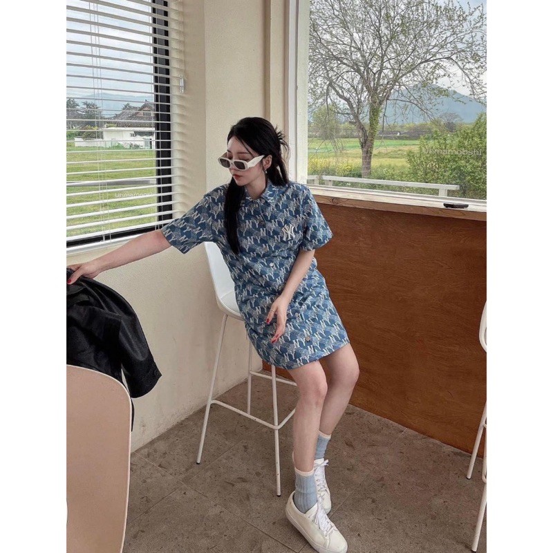 Đầm Váy mlb Women's Cube Monogram Print Denim Dress New York Yankees 3Fddm0133