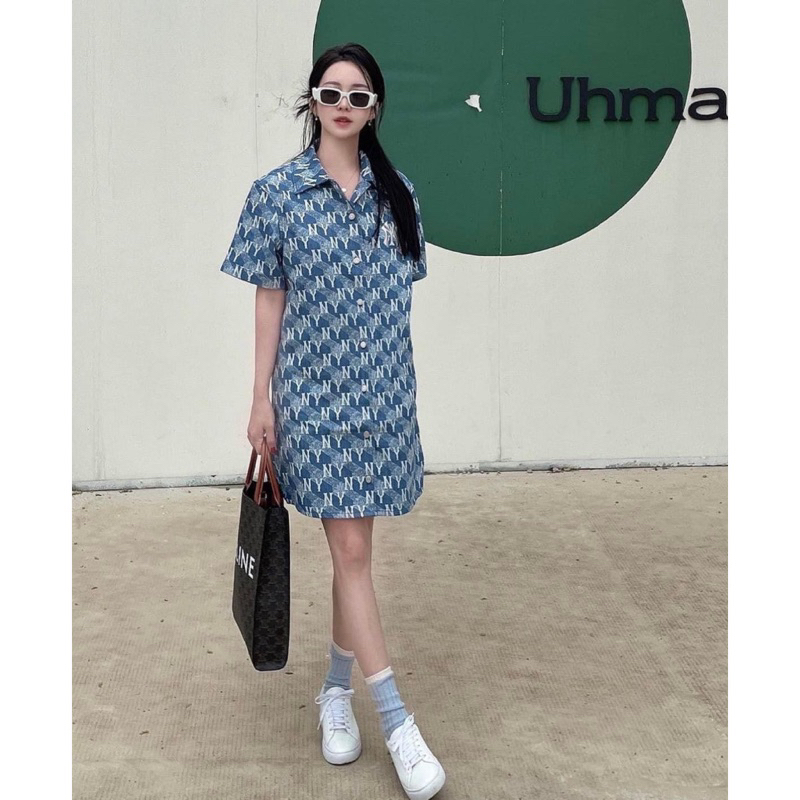 Đầm Váy mlb Women's Cube Monogram Print Denim Dress New York Yankees 3Fddm0133