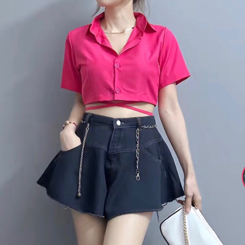 ÁO SƠ MI QUẤN EO TAY NGẮN DÁNG CROPTOP | Nashop12