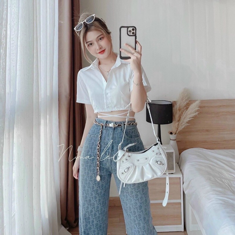 ÁO SƠ MI QUẤN EO TAY NGẮN DÁNG CROPTOP | Nashop12