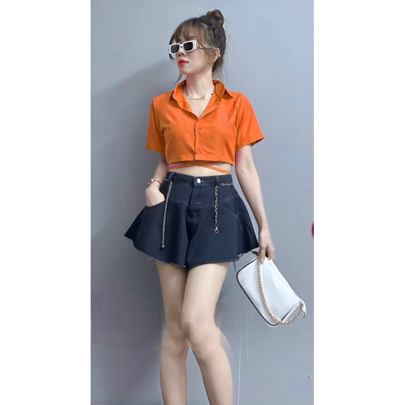 ÁO SƠ MI QUẤN EO TAY NGẮN DÁNG CROPTOP | Nashop12
