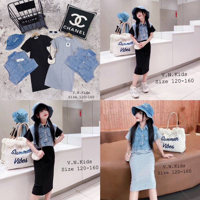 Set váy xuông + gile Jean chất lừ cho Bé size đại 19kg - 45kg