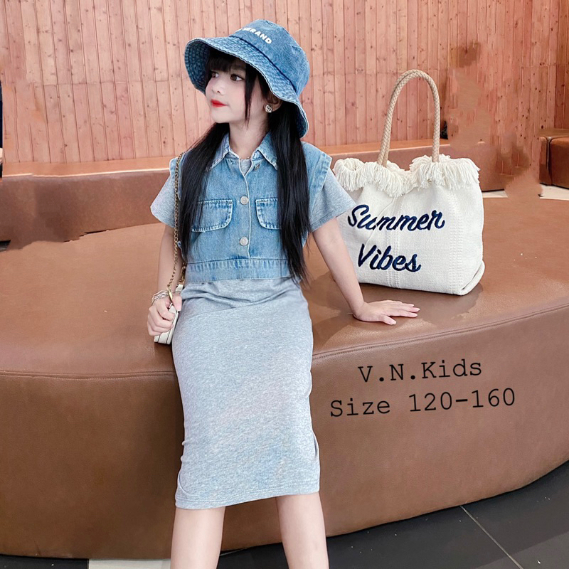 Set váy xuông + gile Jean chất lừ cho Bé size đại 19kg - 45kg