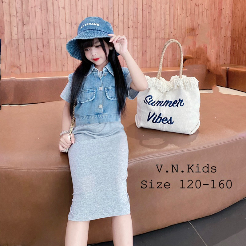 Set váy xuông + gile Jean chất lừ cho Bé size đại 19kg - 45kg