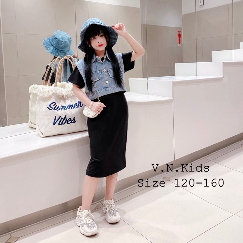 Set váy xuông + gile Jean chất lừ cho Bé size đại 19kg - 45kg