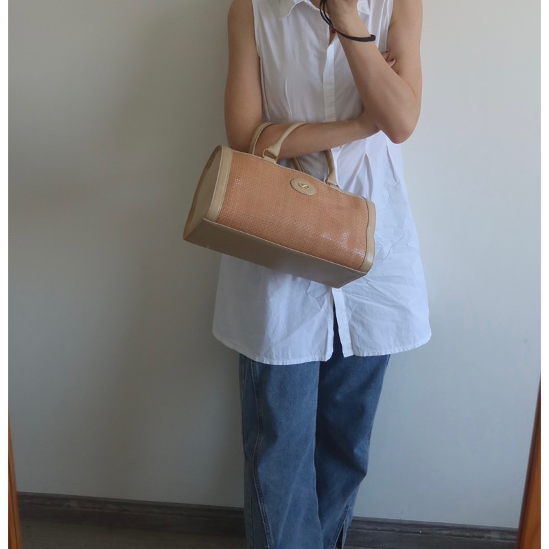 Túi trống da đan vintage Nhật màu pastel thanh lịch - secondhand