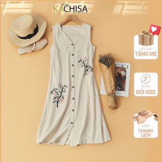 Đầm dài qua gối cho mẹ trung niên mùa hè, thiết kế sát nách thoáng mát linen bố thêu màu be thanh lịch - KACHISA 934SQE