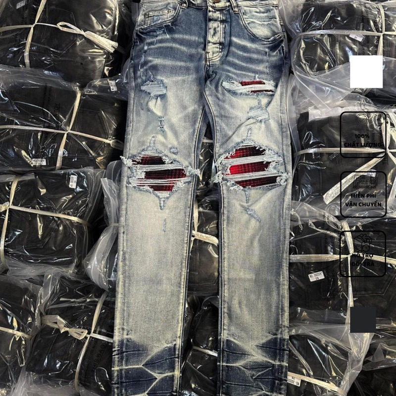 Quần JEAN 4 Khuy Amiri Nam Xanh Khói Mài Bạc Gối Vá Đỏ Quần Bò Slimfit Wash xanh khói rách xước Amiri - QJ021
