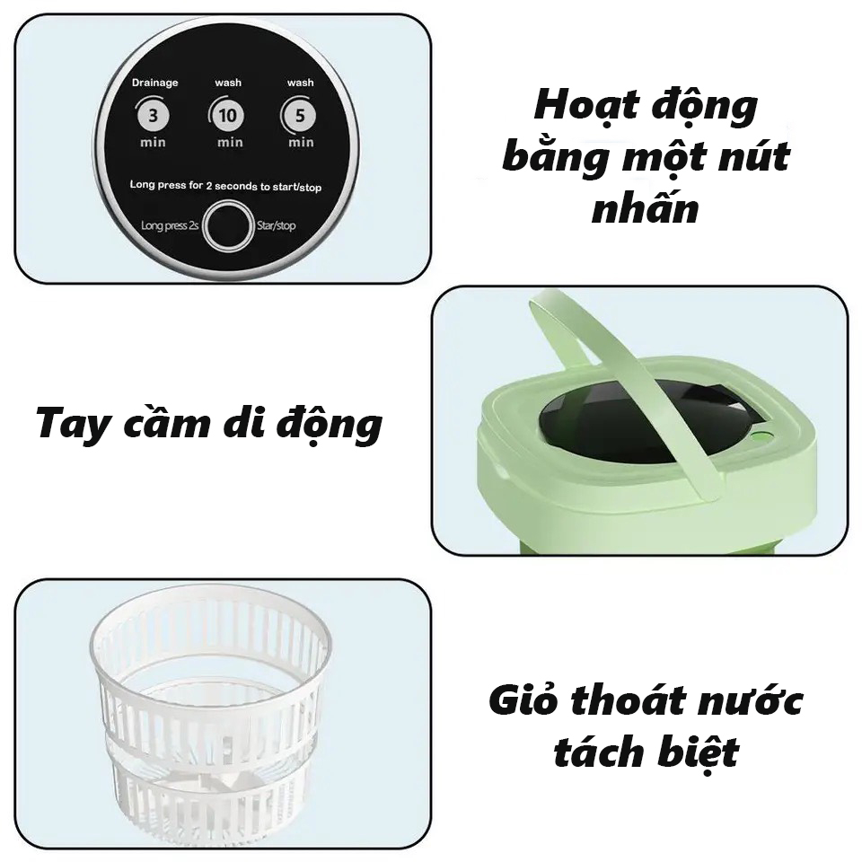 Máy giặt mini gấp gọn, máy giặt đồ lót, tất, giặt đồ cho bé dung tích 6L tự vắt khô khử khuẩn bằng công nghệ mới