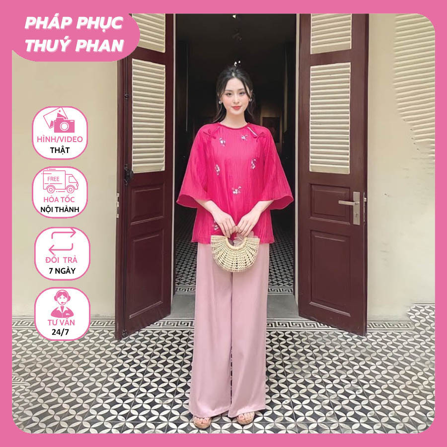 Đồ lam đi chùa,Bộ phật tử,Đồ đi chùa,Bộ lụa thêu hoa anh đào khoét vai