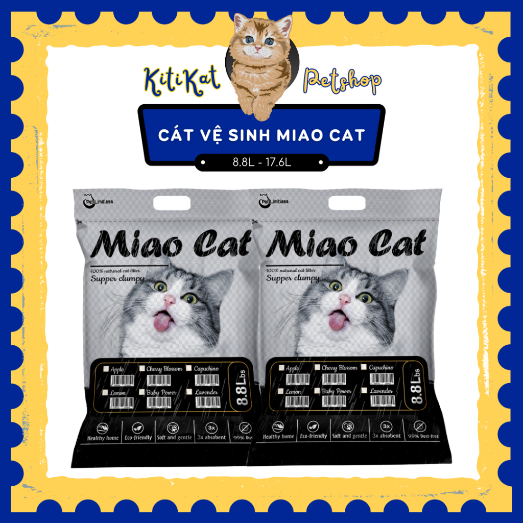 Cát vệ sinh cho mèo Miao Cat 8.8L & 17.6L| Cát Miao Cat cho mèo độ vón cao, khử mùi tốt, ít bụi an toàn cho thú cưng