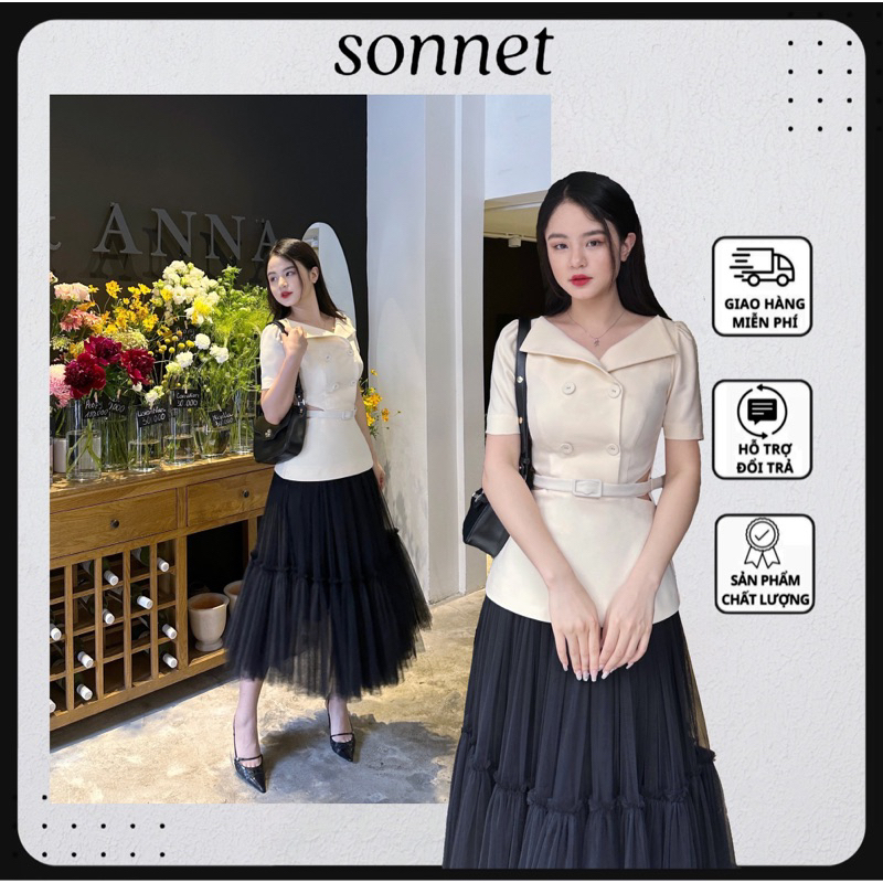 Set đồ nữ áo kiểu peplum Diana top mix chân váy midi voan Tulle skirt thương hiệu Sonnet, set đồ nữ sang trọng