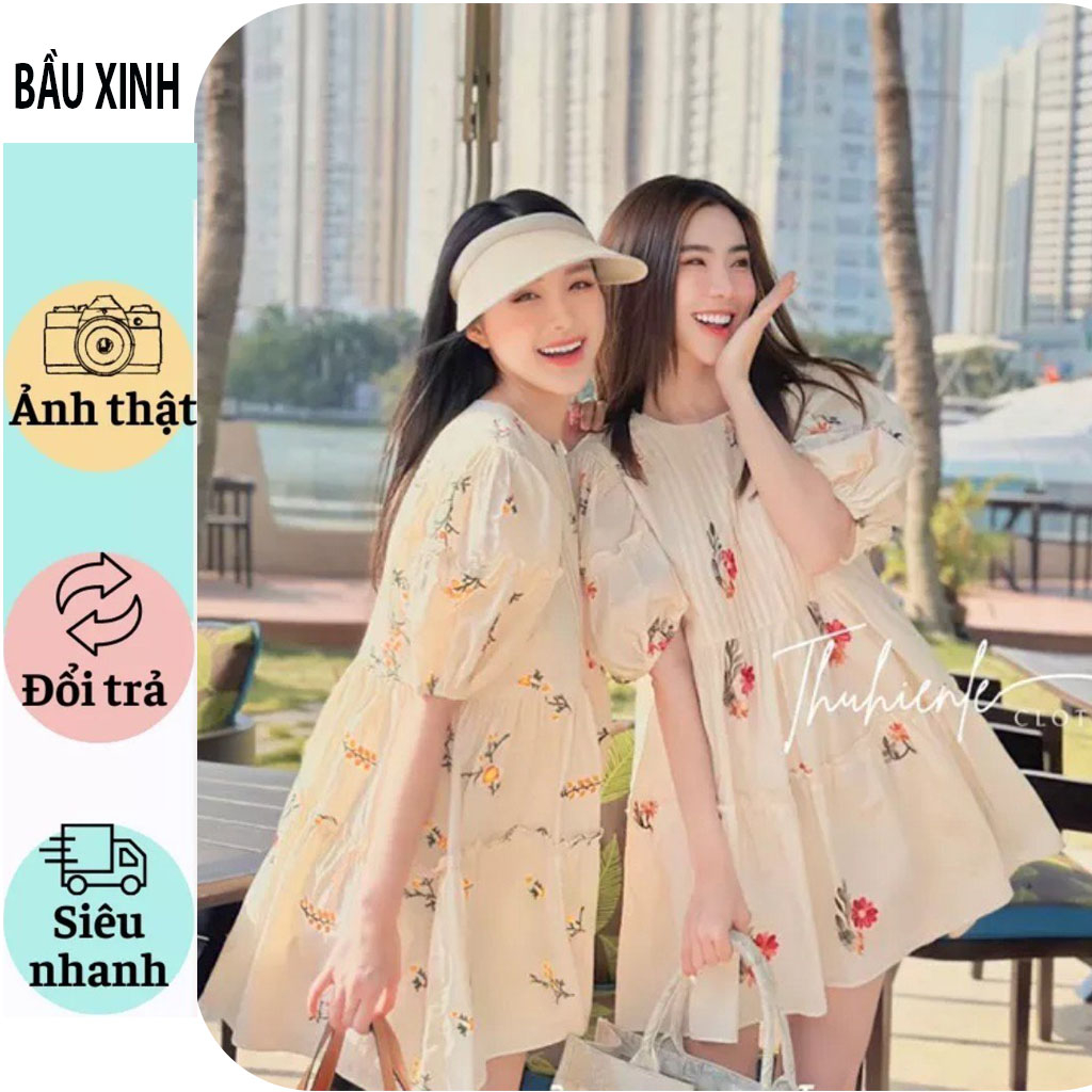 VÁY BẦU MÙA HÈ ĐI BIỂN DẠO PHỐ -ĐẦM BẦU CÔNG SỞ THIẾT KẾ BABAYDOLL HOA THÊU CỰC XINH VẢI MỀM MỊN FRESIZ