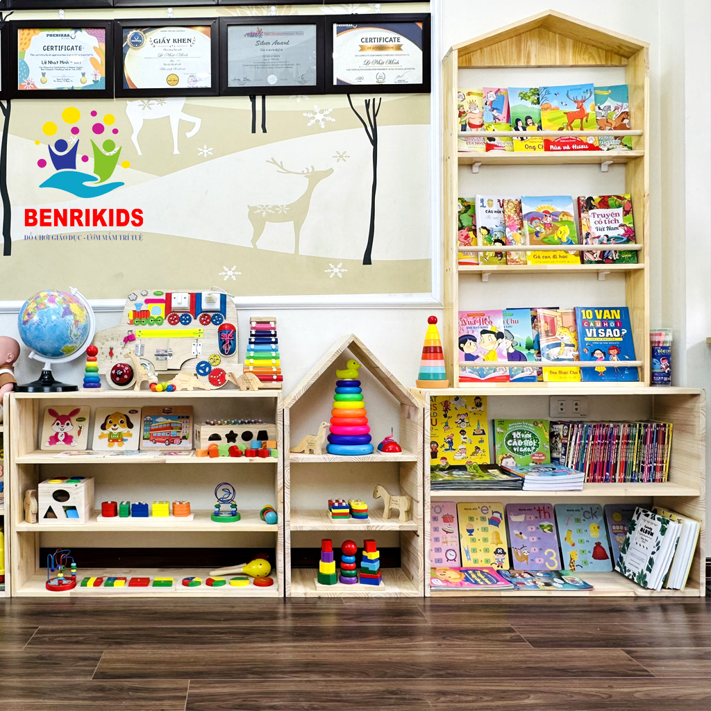 Kệ Montessori Đựng Sách, Đồ Chơi Cho Bé, Trang Trí Phòng Học Bằng Gỗ Thông Tự Nhiên BENRIKIDS