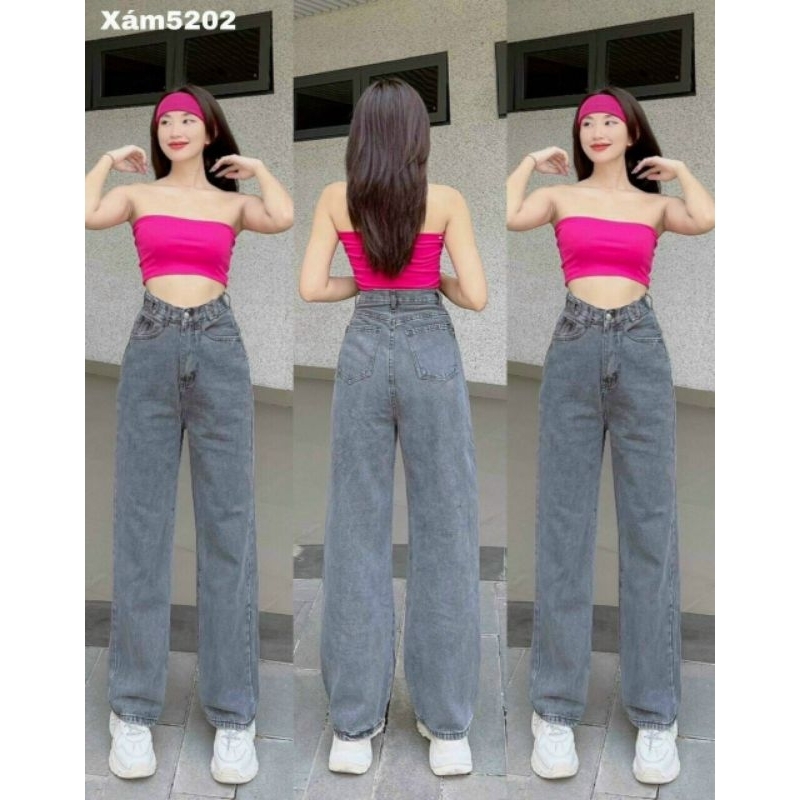 Sét Bộ Áo + Quần Jean Nữ Ống Rộng Lưng Cao Phong Cách Ulzzang Năng Động, Chất jeans Dày Dặn . Size SML. Mk010023