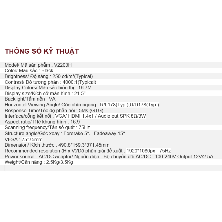 Màn hình phẳng LED VSP 22inch tràn viền V2203H - Black