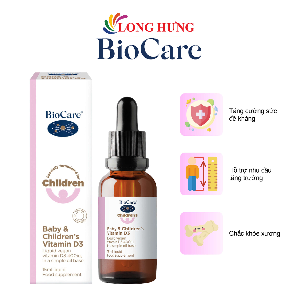 Vitamin dạng giọt Biocare Baby & Children's Vitamin D3 tăng cường sức đề kháng (15ml)