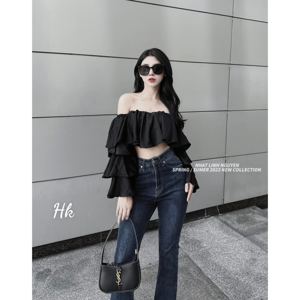Áo croptop trễ vai tay 4 tầng bồng bềnh tôn dáng chất đũi mát mẻ hàng loại 1 - Thời Trang Bảo Trang - Hk6.48