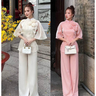 Bộ đi lễ chùa sét đi chùa nữ tơ lụa đính hoa trước ngực phối quần xuông lụa đủ size S M L