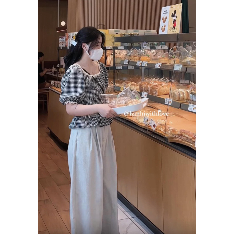 Áo Kẻ Gingham Caro Viền Ren Thân Pha Chun Phong Cách Hàn Quốc Vintage
