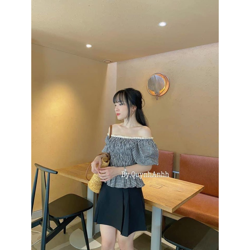 Áo Kẻ Gingham Caro Viền Ren Thân Pha Chun Phong Cách Hàn Quốc Vintage