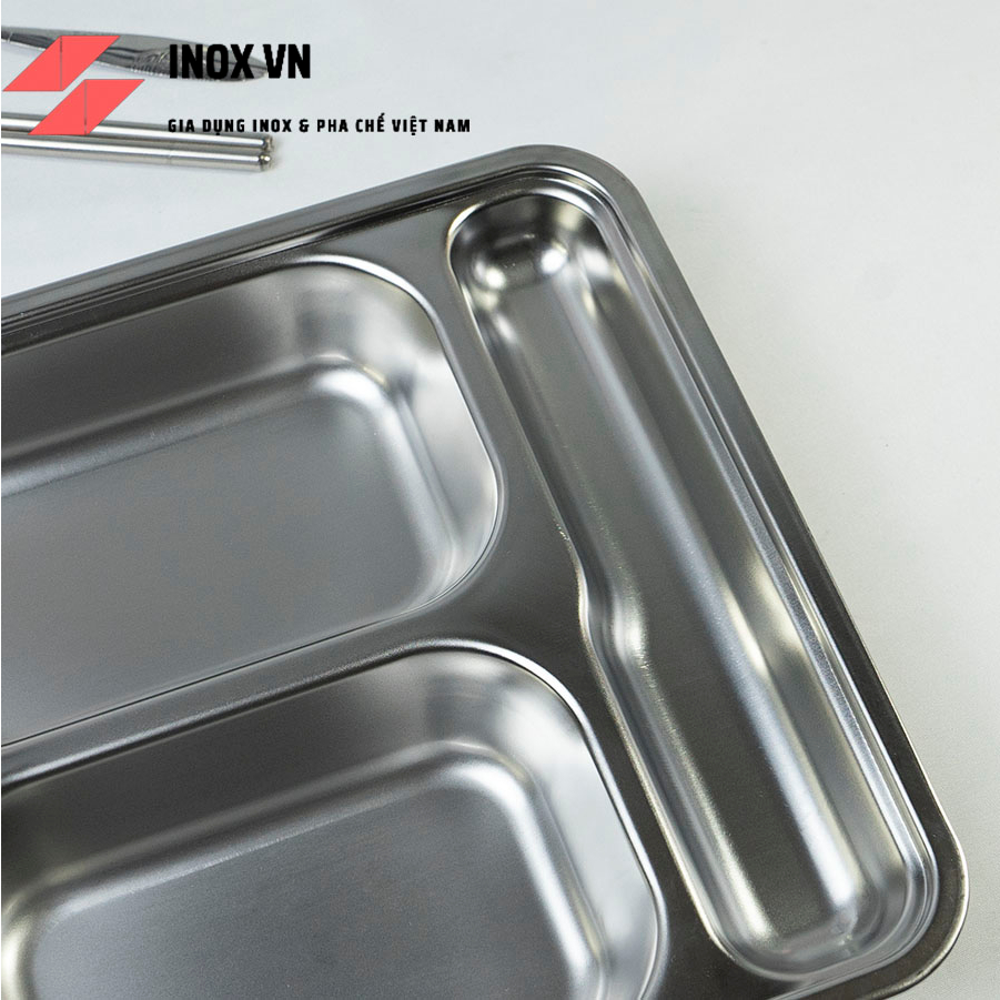 Khay cơm 4 ngăn inox 201 ~ KT 33 x 23 x 4  có ngăn để đũa loại dày