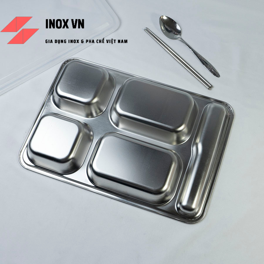 Khay cơm 4 ngăn inox 201 ~ KT 33 x 23 x 4  có ngăn để đũa loại dày