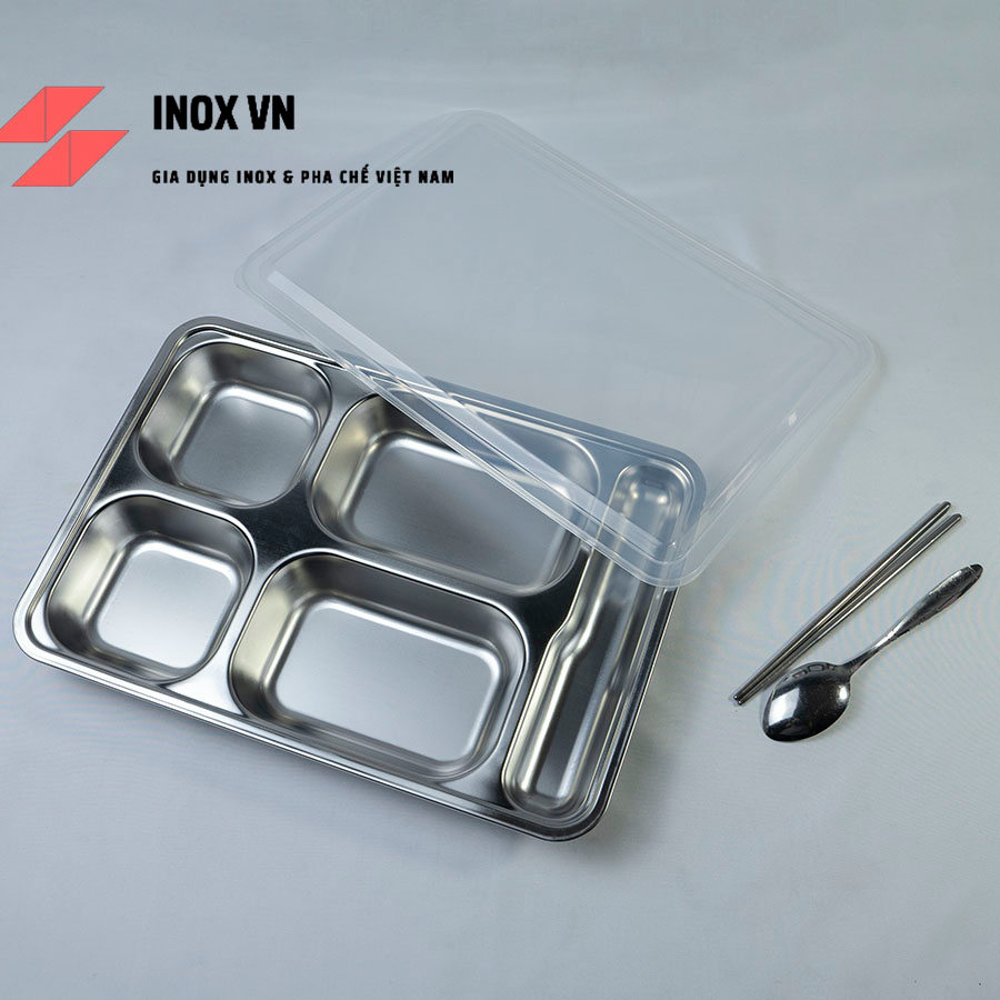 Khay cơm 4 ngăn inox 201 ~ KT 33 x 23 x 4  có ngăn để đũa loại dày