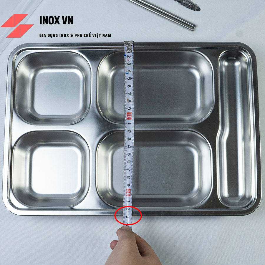 Khay cơm 4 ngăn inox 201 ~ KT 33 x 23 x 4  có ngăn để đũa loại dày