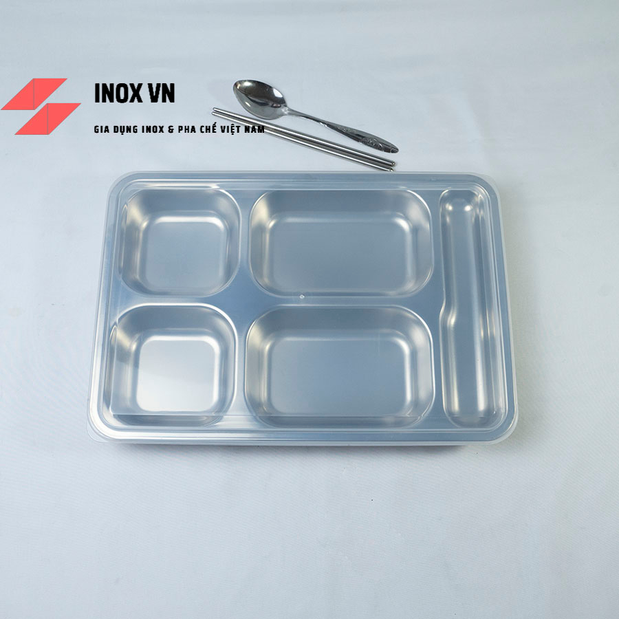 Khay cơm 4 ngăn inox 201 ~ KT 33 x 23 x 4  có ngăn để đũa loại dày