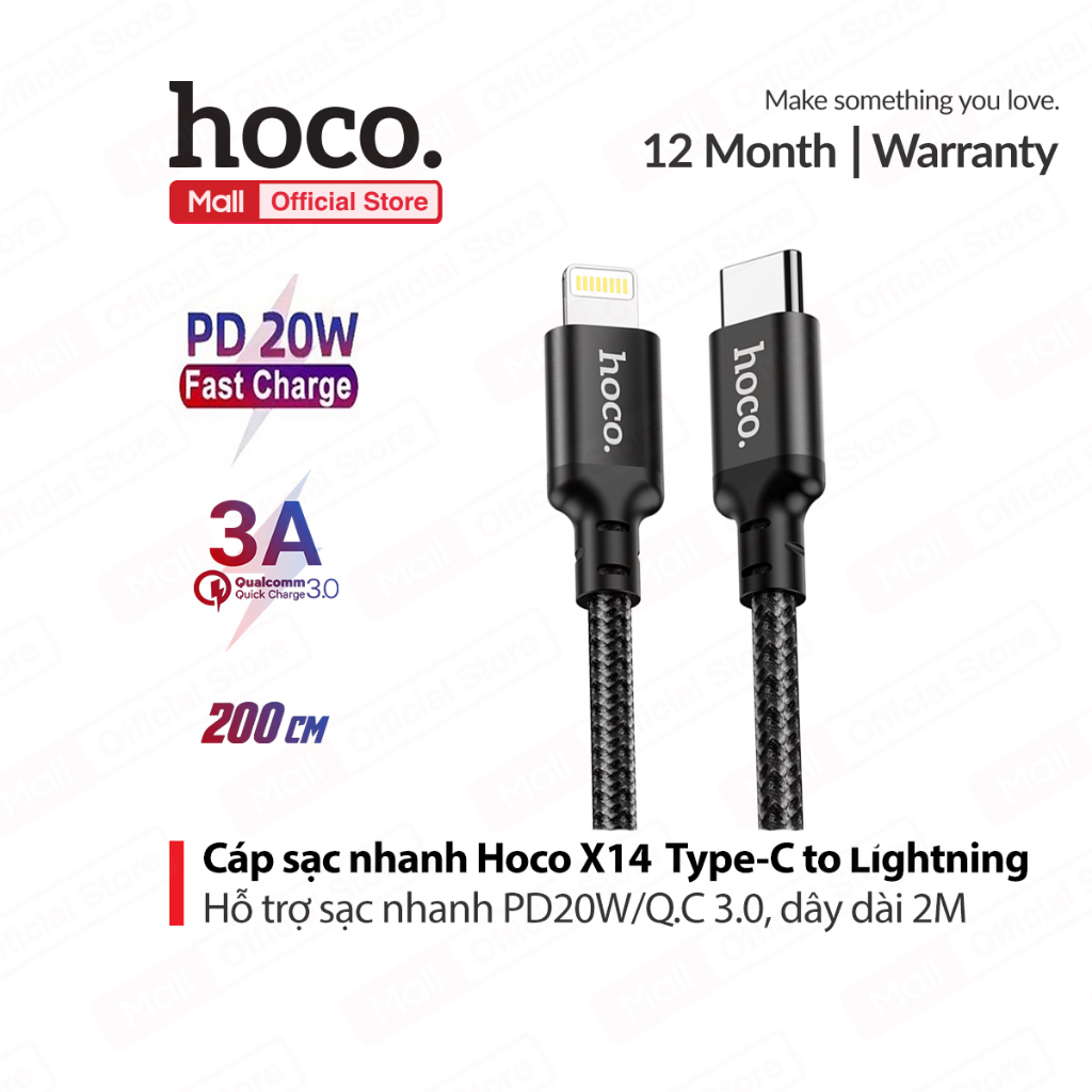 Cáp sạc PD20W Hoco X14 dây bọc dù truyền dữ liệu cho 12/13/14 ,siêu bền chống đứt , dài 2M