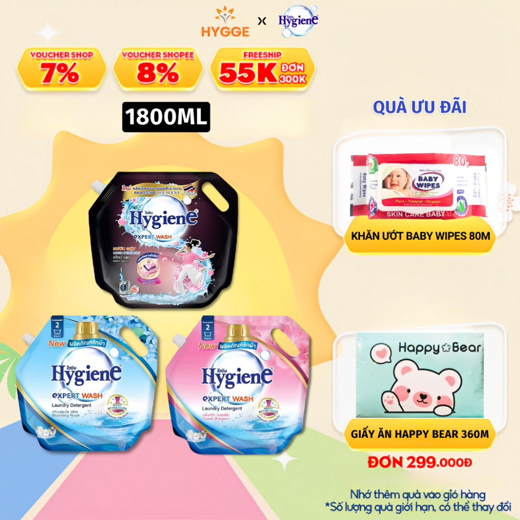 Nước Giặt Hygiene Giặt Xả Quần Áo Thái Lan Thơm Lâu Dùng Giặt Tay Và Máy 1800ml