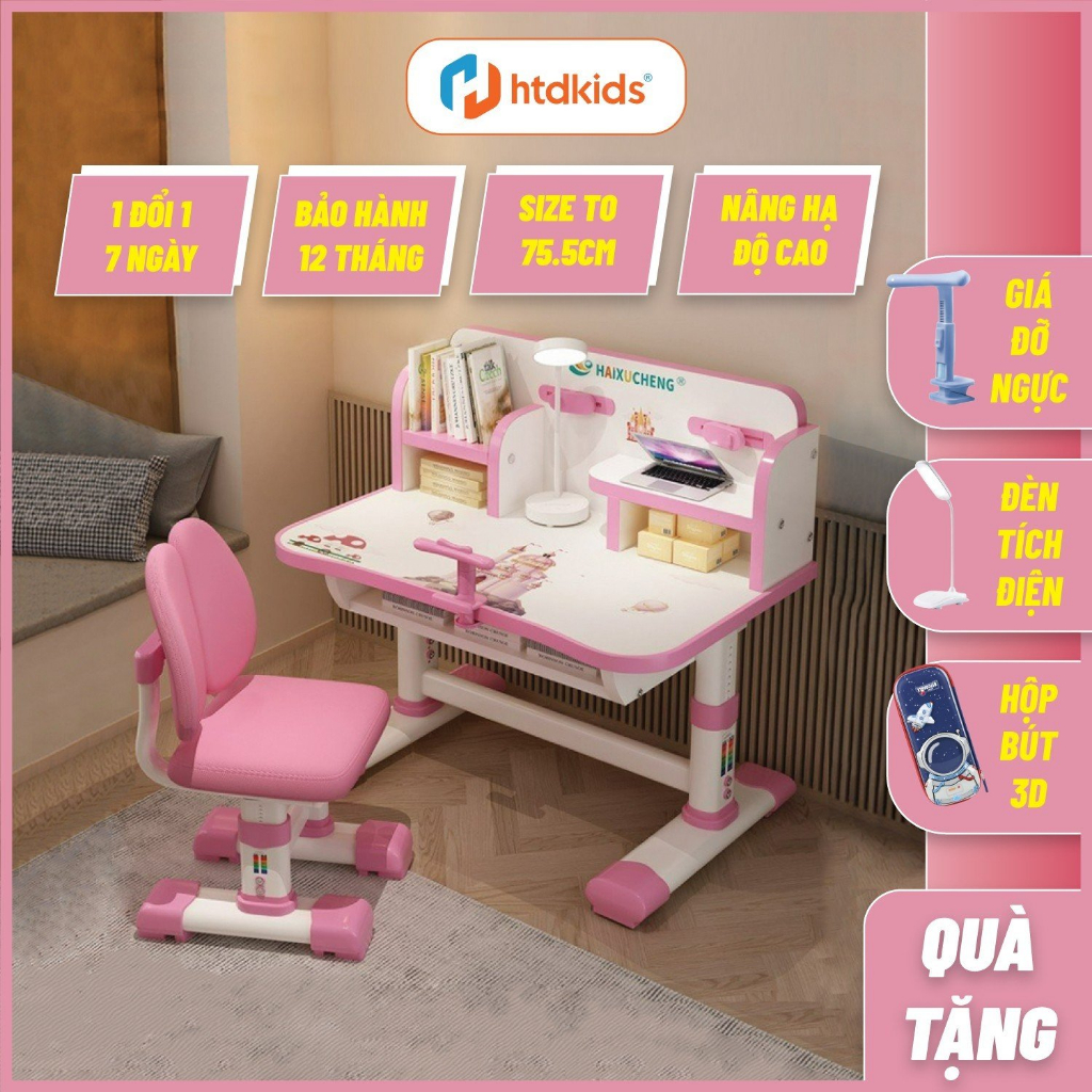 ( Nhiều quà tặng ) Bộ bàn ghế học sinh tiểu học HTDkids 202 tăng giảm chiều cao, ghế đệm êm ái và tựa lưng 2 cánh