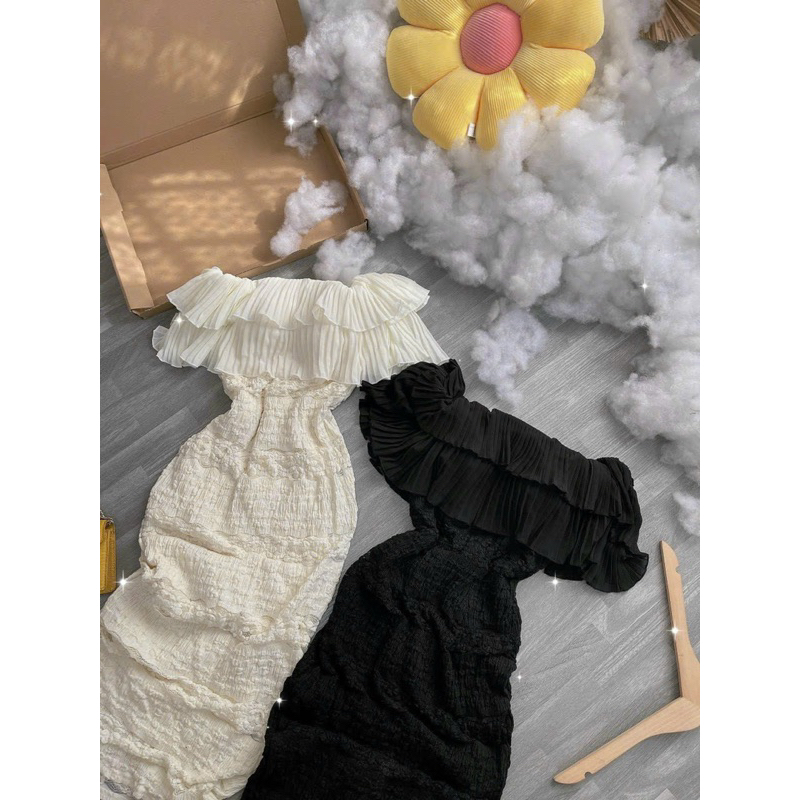 Đầm ren body bẹt vai phối bèo tầng, đầm trễ vai bèo!  THẢO NGỌC STORE