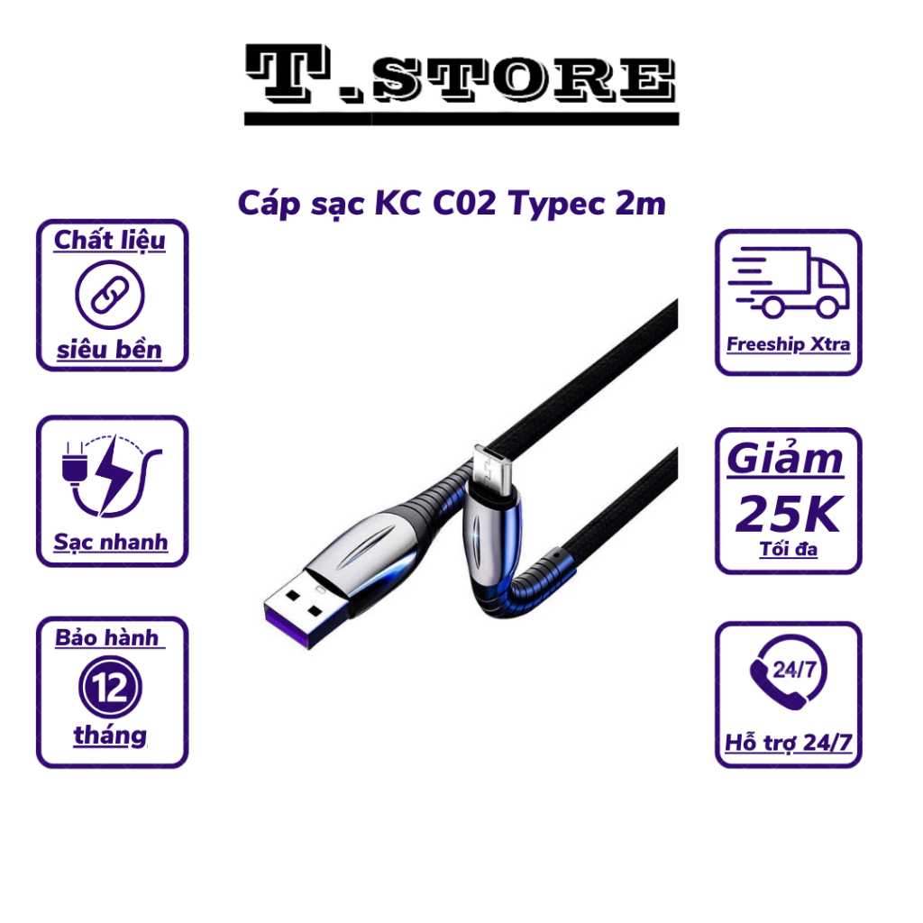 Cáp sạc KC C02 2m Type C / Ln dành cho điện thoại android và IP