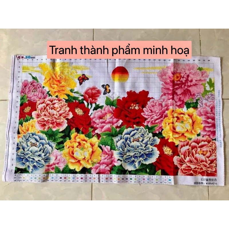 Tranh thêu chữ thập Hoa mẫu đơn E27 kích thước 100 x 60 cm