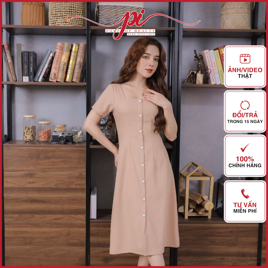 Váy PI HOME Màu Hồng Be Cúc Trước Thanh Lịch 23V007 Cao Cấp