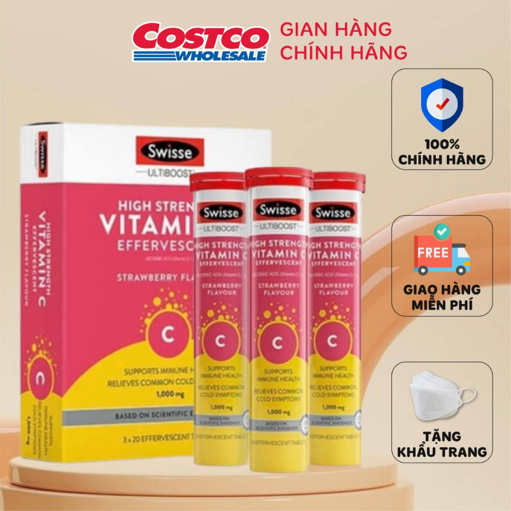 (Date t10/2023) Viên sủi bổ sung vitamin C Swisse Ultiboost Vitamin C Effervescent strawberry flavour 60 viên của Úc