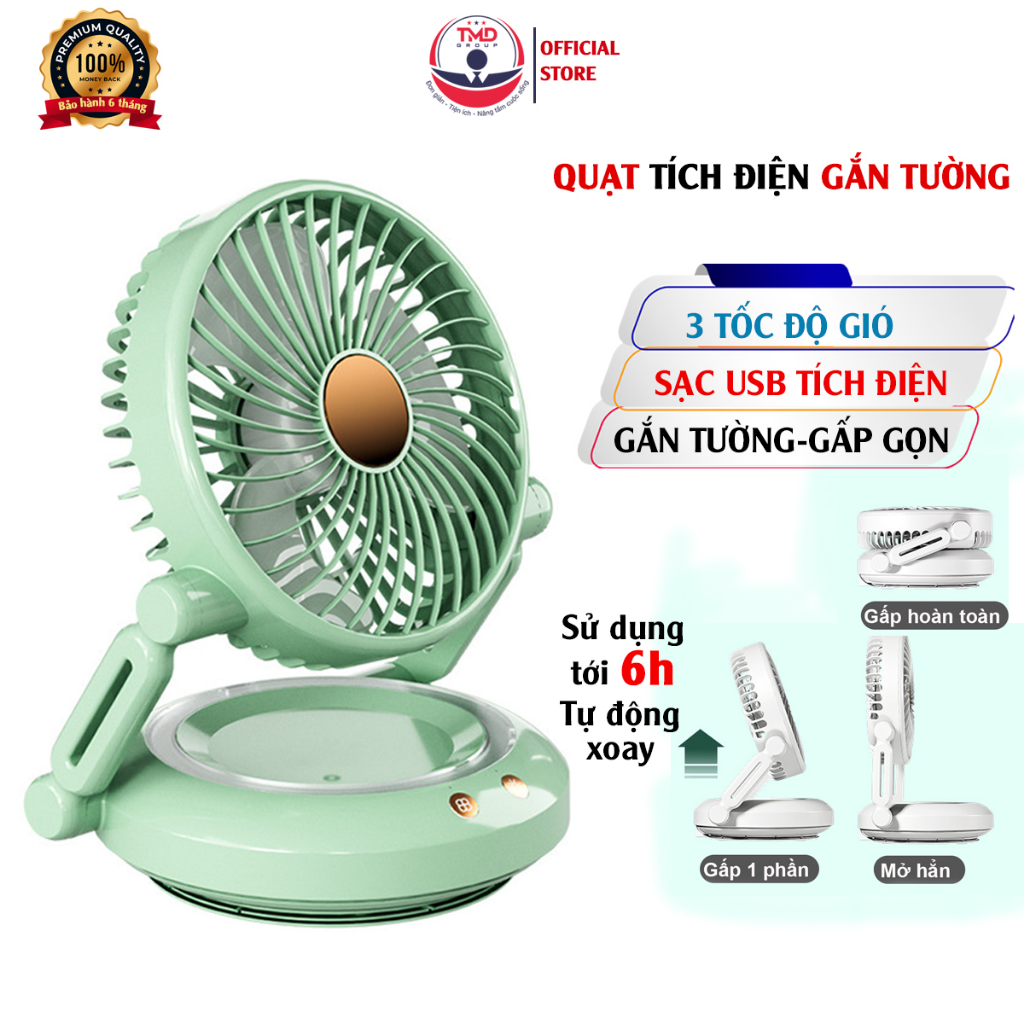 Quạt treo tường TMD GROUP tích điện, gấp gọn (tặng cáp sạc, miếng dán)  - Treo nhà vệ sinh, quay 90 độ |Pin 2400mAh