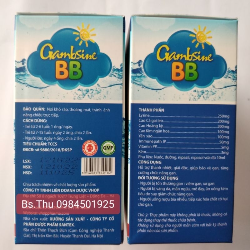 Gambsine BB hỗ trợ thanh nhiệt, giải độc, bảo vệ gan hộp 20 ống