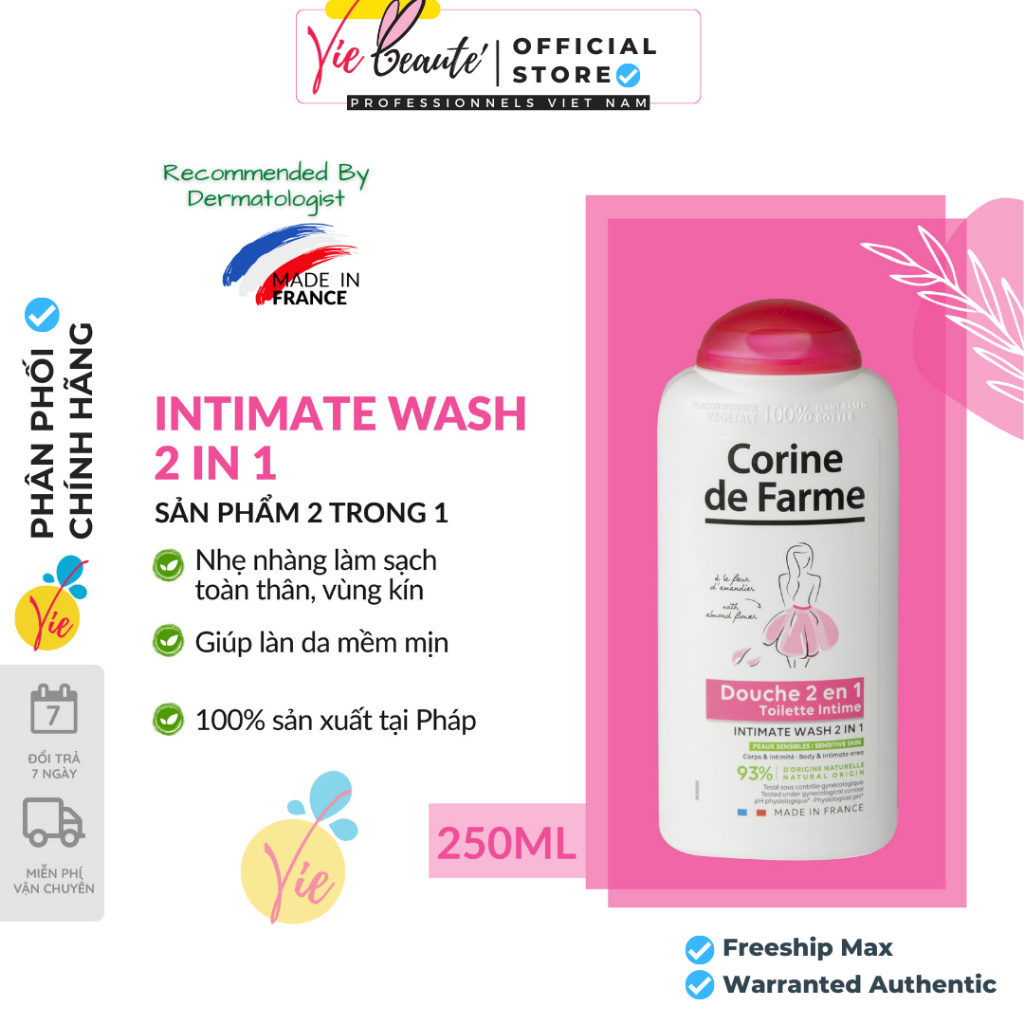 Sữa tắm Corine de Farme Intimate Gel Douche Shower Gel 2 in 1 250ml dùng cho body và vùng kín