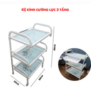 Xe đẩy kính 3 tầng cho spa, kệ kính chịu lực 3 tầng đựng đồ spa, phun xăm chịu lực lên đến 50kg [Thiết bị spa 365]