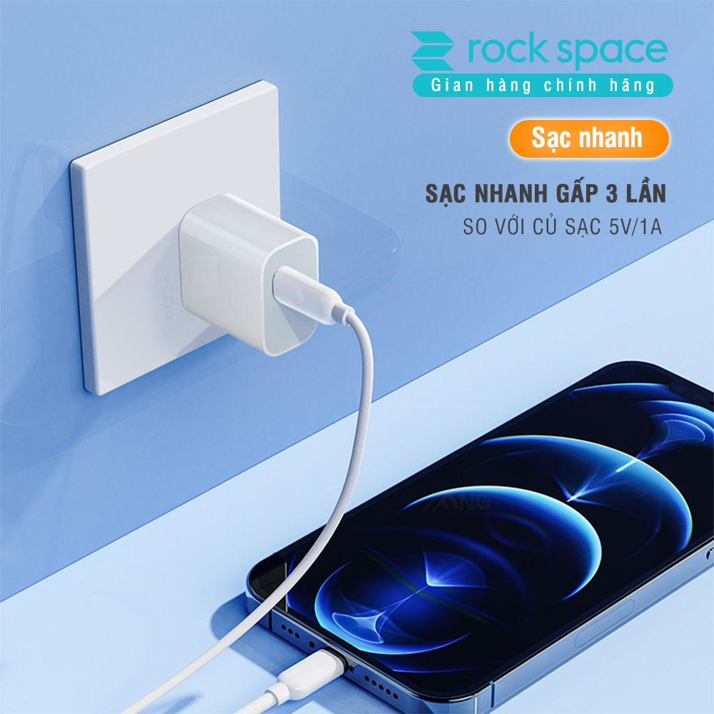 Củ sạc nhanh chuẩn PD 20W Rockspace T18  cổng Type C không nóng máy -  hàng chính hãng bảo hành 12 tháng