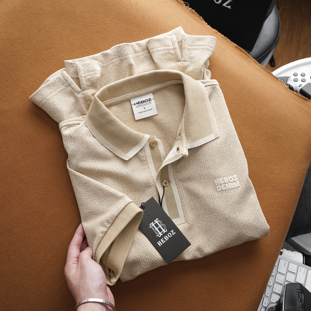 Áo thun nam có cổ bẻ logo in nhung Heboz 2M vải dệt cao cấp - 00001618