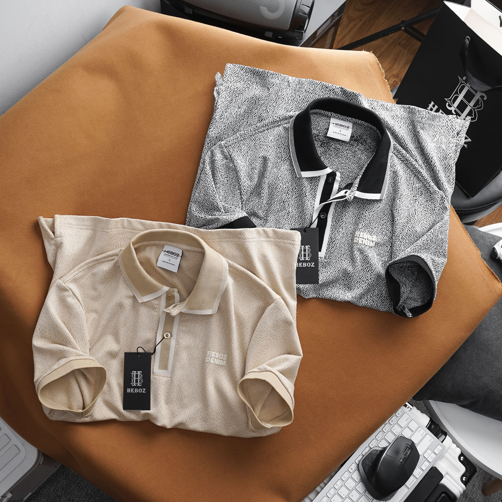 Áo thun nam có cổ bẻ logo in nhung Heboz 2M vải dệt cao cấp - 00001618