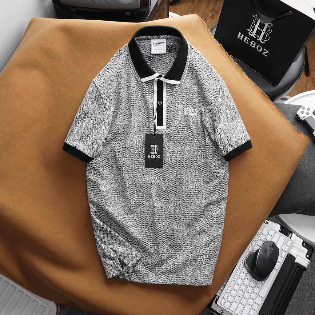 Áo thun nam có cổ bẻ logo in nhung Heboz 2M vải dệt cao cấp - 00001618