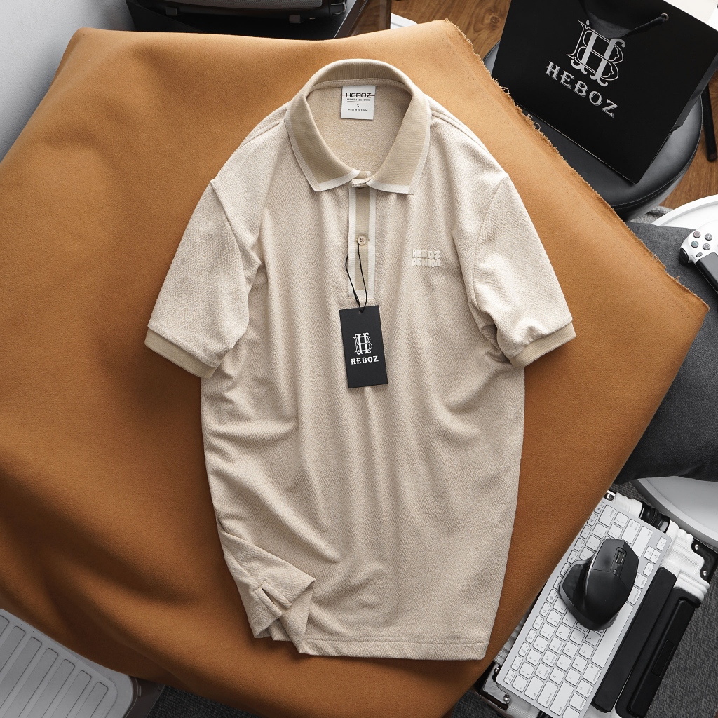 Áo thun nam có cổ bẻ logo in nhung Heboz 2M vải dệt cao cấp - 00001618